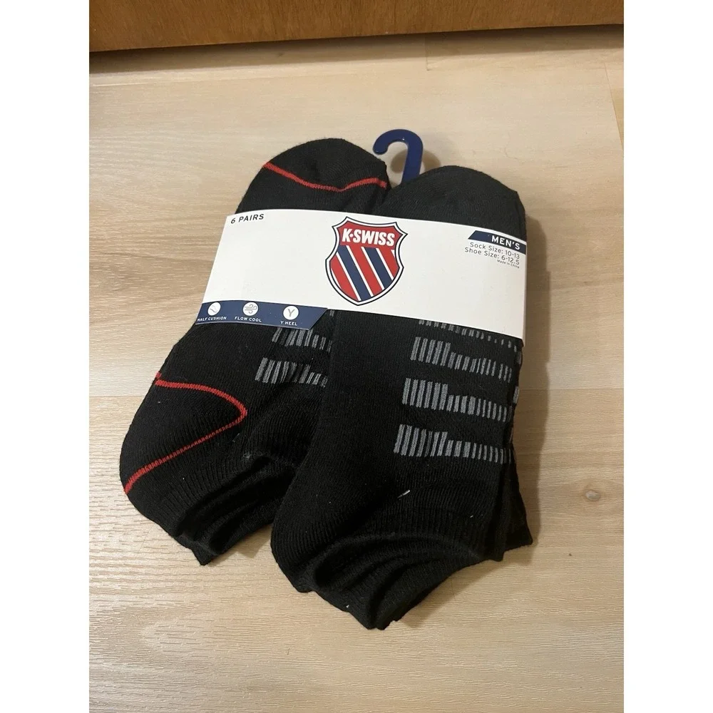 K-Swiss Men's Black‎ No Show Socks 6 Pair Shoe Size 6-12.5 Flow Cool Y Heel